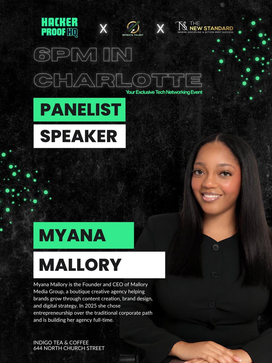 HackerproofHQ's tweet photo. The panel is set for 6PM in Charlotte.

Hosted by Danielle Cole, with Myana Mallory, Rasheda Mills, Frankie Pitts &amp; Mo Hampton joining the conversation.

 RSVP: https://t.co/YsK9Z2dztE https://t.co/aQcf5KXhlA
