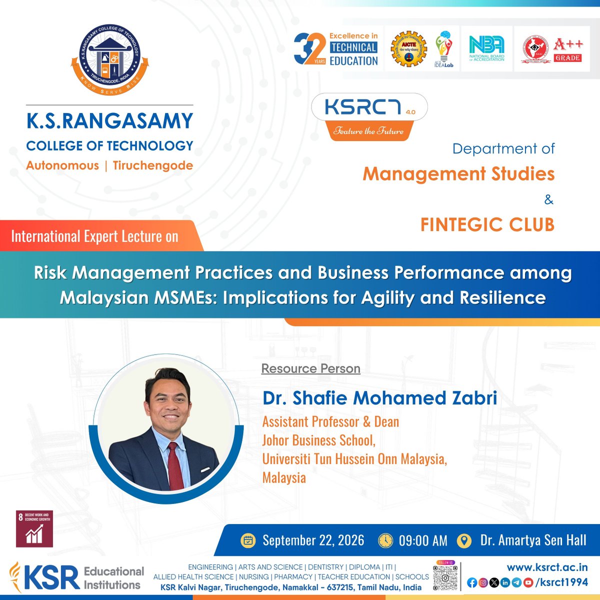 ksrct1994's tweet photo. FINTEGIC Club, is organising an International Expert Lecture on:
“Risk Management Practices and Business Performance among Malaysian MSMEs: Implications for Agility and Resilience”
#KSRCT1994 #KSRCTMBA #ManagementStudies #InternationalExpertLecture #RiskManagement https://t.co/Ix0QqeQhUP