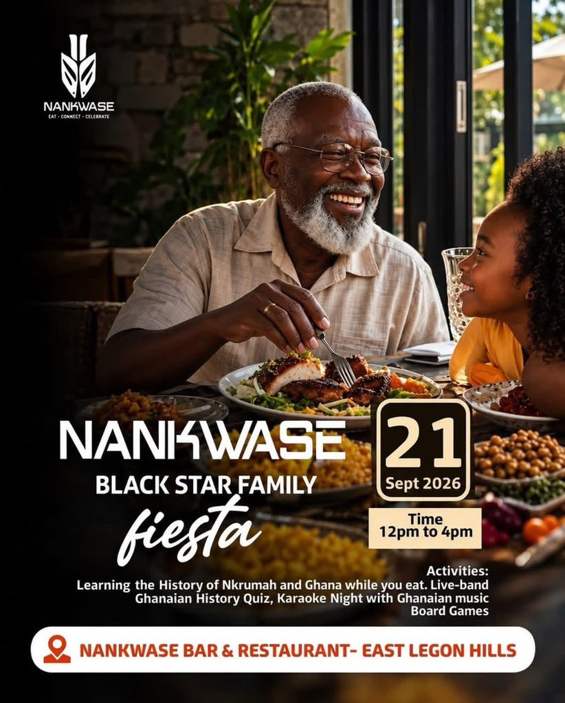 _iamBlaQ's tweet photo. Join us for the ultimate Nankwase Black Star Family Fiesta on 21 Sept 2026. Enjoy delicious Ghanaian food, live-band music, karaoke, board games, and learn the history of Nkrumah &amp; Ghana while you eat. 12pm–4pm at East Legon Hills. Don’t miss it! @nankwasegh #Nankwaserestaurant https://t.co/4GbvEXzIl3