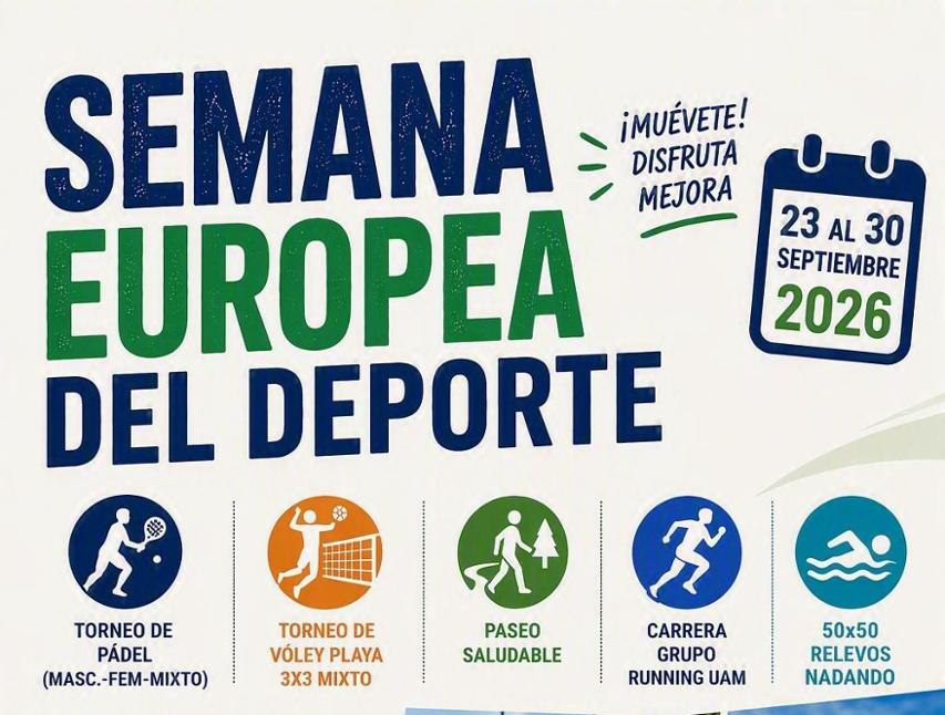 FaculEDUAM's tweet photo. 🏃‍♀️ Semana Europea del Deporte 2026
📣 Para toda la comunidad universitaria UAM.
📅 23–30 septiembre | 📍 Cantoblanco
🎾 Pádel · 🏐 Vóley playa · 🏊 Natación · 🚶 Paseos · 🏃 UAM Running
✅ Actividades gratuitas
https://t.co/DkYSk3bgdT

#FaculEdUAM #UAM #BeActive https://t.co/MyW88Oyj45