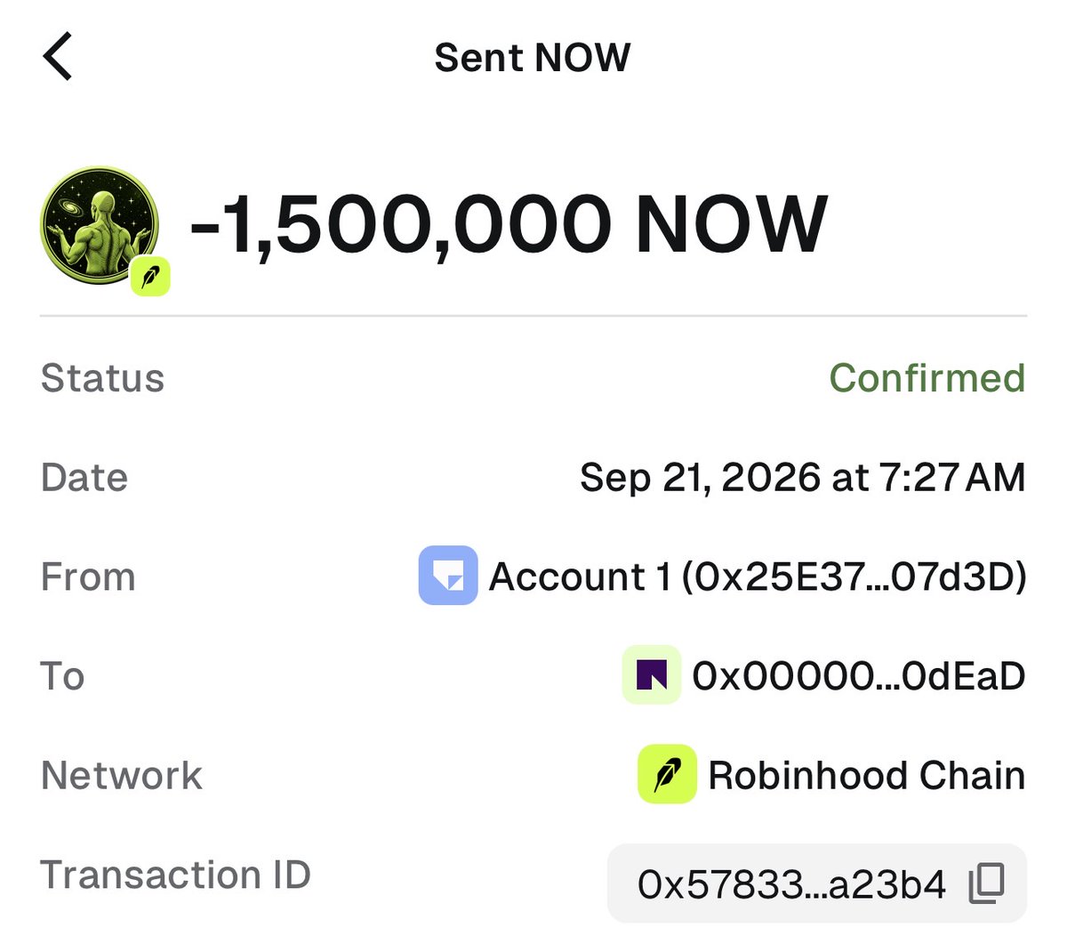 WhatNowonHOOD's tweet photo. Another 1,500,000 $NOW tokens just burnt. 

Total burnt now at 5,000,0000 

Verifiable on chain. 

Our time is $NOW https://t.co/WQrBa2hlUb