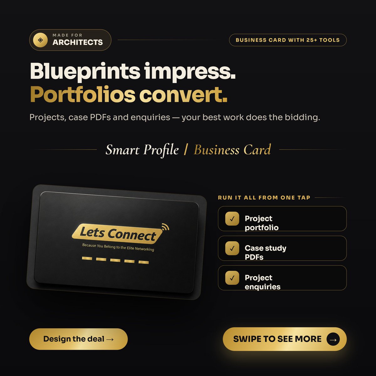 letsconnectcard's tweet photo. Made for architects 📐

Blueprints impress. Portfolios convert — projects, case PDFs and enquiries in one tap. 25+ tools, NFC + QR, no app.

£49 lifetime at letsconnectcard

#Architects #SmartBusinessCard https://t.co/iyUTmKc630