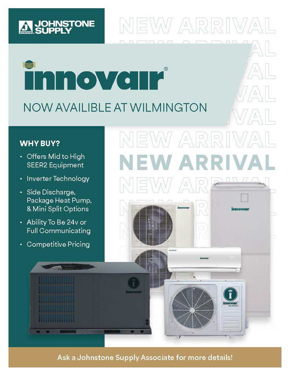 js_HVAC's tweet photo. Innovair has arrived at Johnstone Supply Wilmington!

Explore a new lineup of residential and light-commercial HVAC equipment, including inverter systems, side-discharge units, package heat pumps, and mini-split options—all at competitive prices.

Stop by or contact our team... https://t.co/3JoX6GeO1J