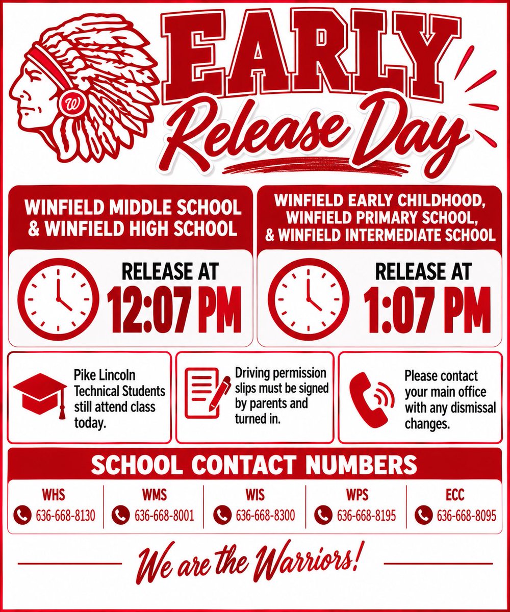 WinfieldNation's tweet photo. ❤️🤍 Early Release Day! WMS &amp; WHS dismiss at 12:07 PM; WECC, WPS &amp; WIS dismiss at 1:07 PM. Pike Lincoln Technical students still attend class today. Please contact your school office with dismissal changes. ❤️🤍 https://t.co/2iOHo397Le