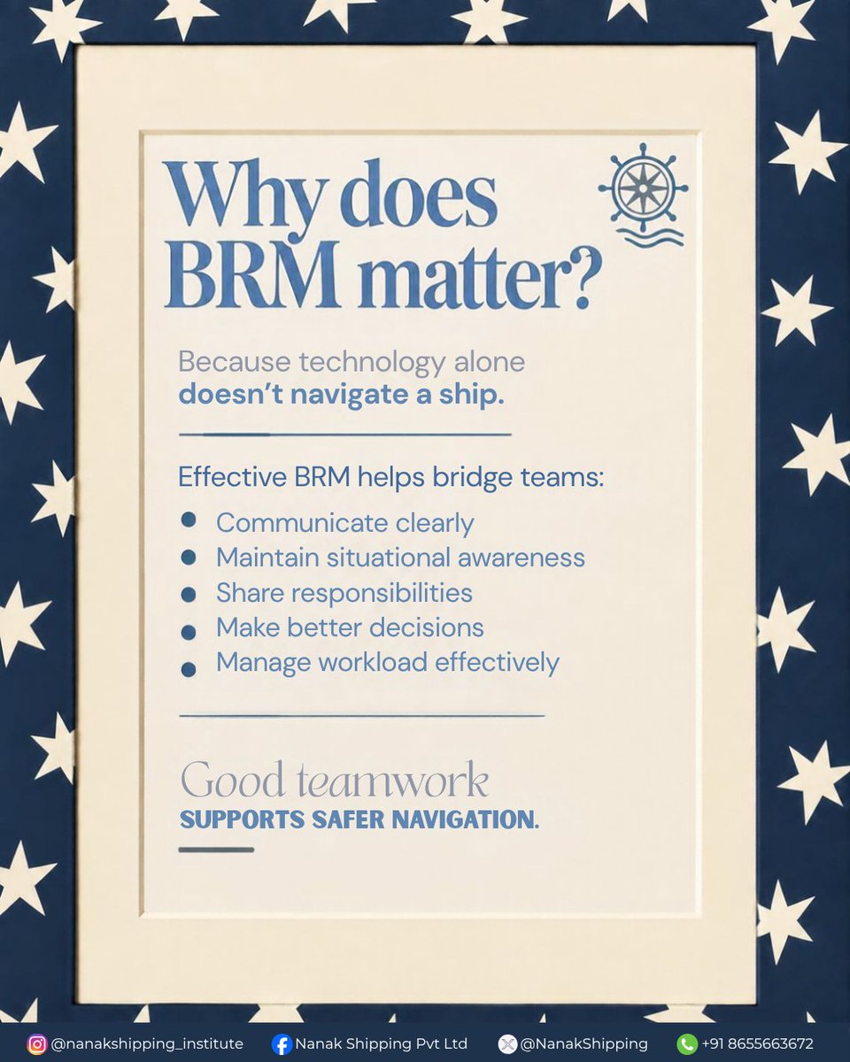 NanakShipping's tweet photo. ⚓ WHY DOES BRM MATTER?

Technology is only part of the picture. Effective Bridge Resource Management helps teams communicate clearly, stay aware, share responsibilities and make better decisions.

Good teamwork supports safer navigation. 🚢

#BRM #MaritimeTraining #MerchantNavy https://t.co/aTckEdN9EF