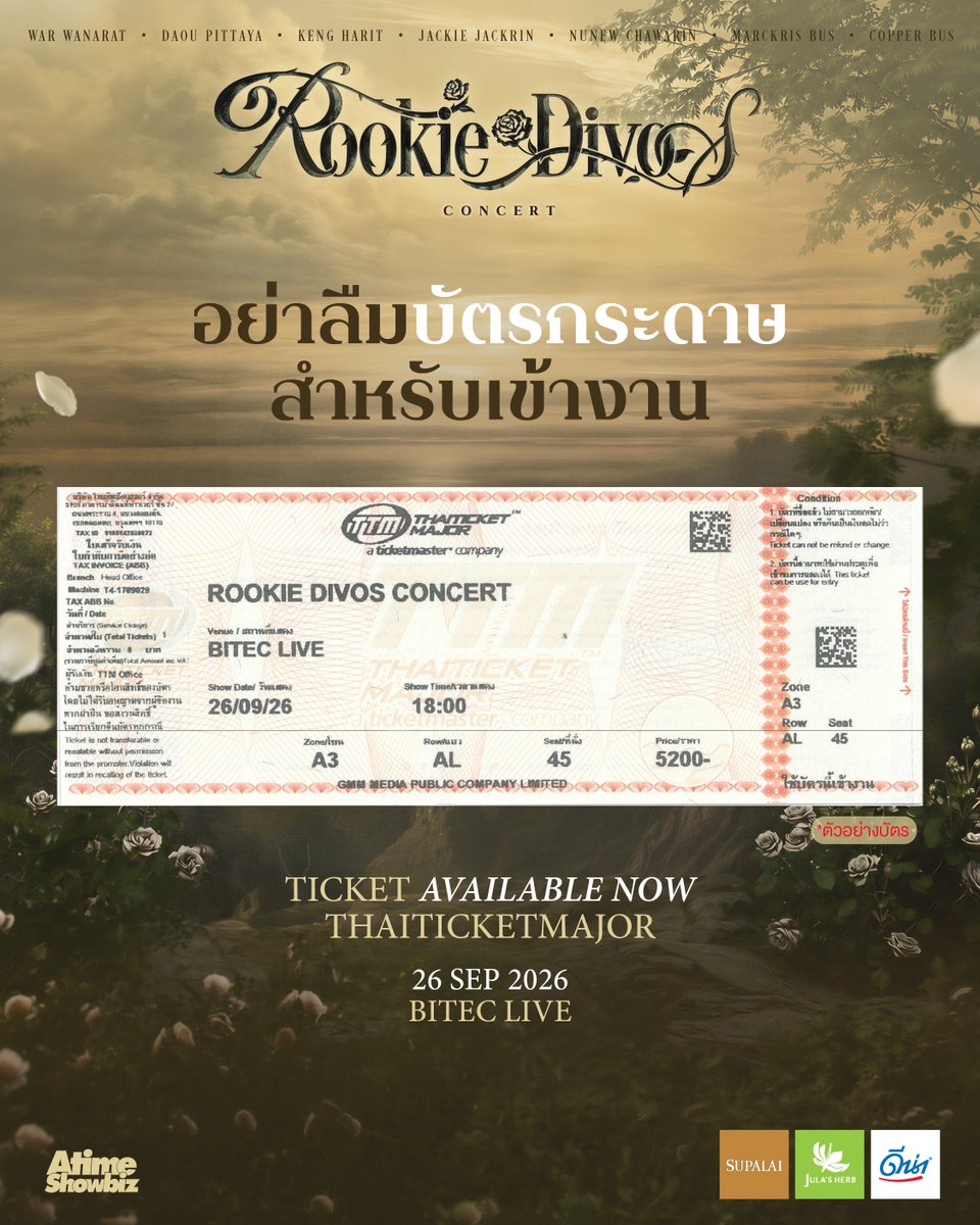 atimeshowbiz's tweet photo. 📢 รวมข้อมูลสำคัญ ก่อนมาเจอกันที่ #ROOKIEDIVOSCONCERT

สำหรับผู้ที่ยังไม่ได้แลกรับบัตรกระดาษ สามารถติดต่อแลกรับบัตรได้ที่บูธ ThaiTicketMajor บริเวณหน้างาน ตั้งแต่เวลา 13:00 น. เป็นต้นไปนะคะ❤️

ROOKIE DIVOS CONCERT
📆 วันเสาร์ 26 กันยายน 2026
ที่ BITEC LIVE

✅ขายบัตรแล้ววันนี้ ทาง Thaiticketmajor
Link ขายบัตร : https://t.co/eX1P9xRiLR

#ROOKIEDIVOSCONCERT
#warwanarat #DAOU #KengHarit #JackieJackrin #NuNew #MARCKRIS #COPPERdechawat
#ATIMESHOWBIZ
#SUPALAI
#ดีน่า
#จุฬาเฮิร์บ