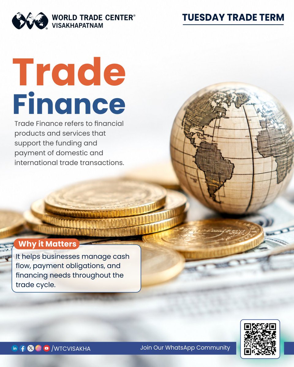 wtcvisakha's tweet photo. Finance keeps trade moving from the first order to the final payment. Trade Finance provides businesses with the financial support needed to participate confidently in domestic and international commerce.

#TradeTermsTuesday #TradeFinance #InternationalTrade #Exports #BusinessFinance #GlobalBusiness #TradeEducation

Join our WhatsApp community to connect with us: https://t.co/tPplmfzfnK