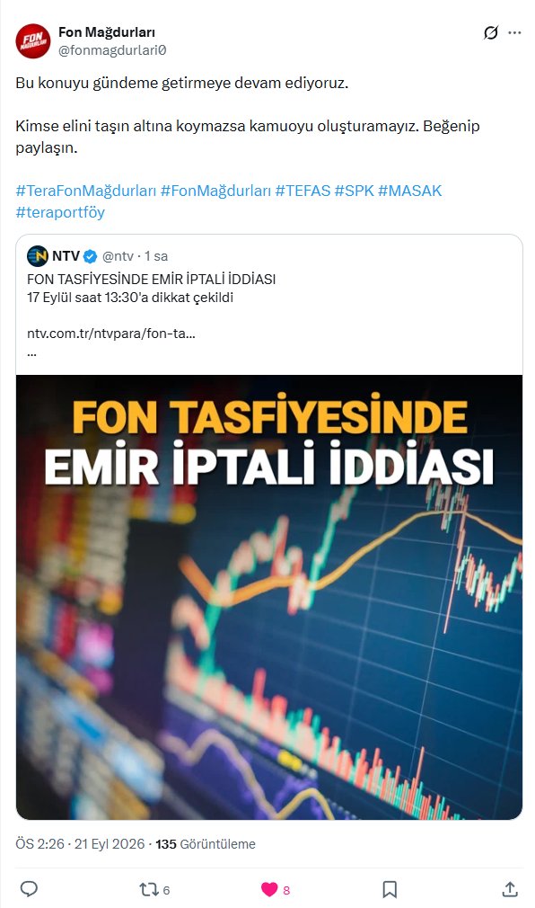 fonmagdurlari0's tweet photo. @ntv Bu haberi neden kaldırdı!

Bu konuyu gündeme getirmeye devam ediyoruz. Kimse elini taşın altına koymazsa kamuoyu oluşturamayız. Beğenip paylaşın.  

#TeraFonMağdurları #FonMağdurları #TEFAS #SPK #MASAK #teraportföy https://t.co/BvUV0E3zSc
