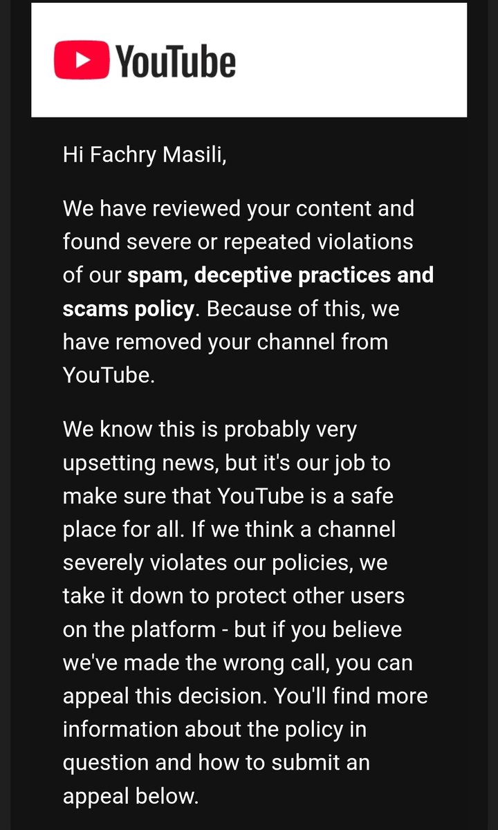 FachryMasili's tweet photo. Hello @TeamYouTube, I am Muhammad Fachry Masili, the owner of the YouTube channel "fahri." Four days ago, I received an email stating that my channel had been deleted and banned from YouTube due to spam, deceptive practices, and dishonesty. https://t.co/lhdwLL818x
