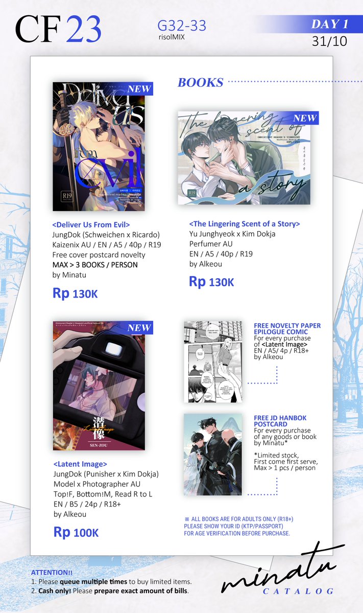 minahomine's tweet photo. [RT🖤]  CF23 Catalog (OTS ONLY)

I'll be at G32-33 at #CF23 Day 1 (31/10) w/ friends!

Giveaway for 1 winner!
🌹How to join RT + like + comment your most desired item
🌹September 21 - September 25
🌹Indonesian address only
🌹ORV Joongdok, S-class HJYJ

#comifuro23 #cf23catalogue https://t.co/T3Hp4R2pia