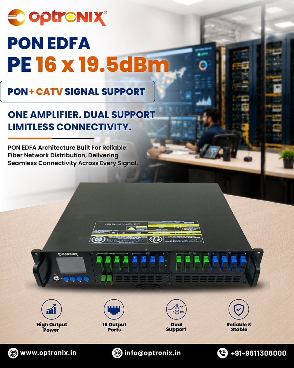 candid_optronix's tweet photo. Optronix PON EDFA – 16x19.5 dBm
One amplifier, dual power. Supporting both PON & CATV signals for limitless network connectivity.
- 16 Ports x 19.5 dBm Output
- PON + CATV Combined Support
#EDFA #PON #CATV #FiberOptics #Optronix #TelecomTech #amplifier #fibertools https://t.co/Y8bmSn43ZB