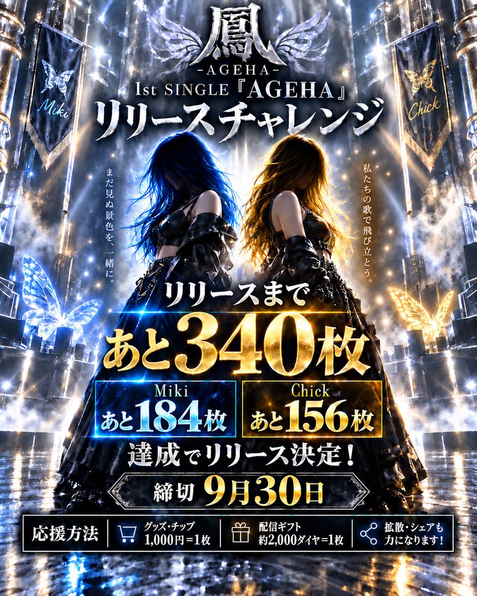 world_ageha's tweet photo. 🦋鳳 -AGEHA- 次なる挑戦🦋

1stシングル『AGEHA』のリリース条件9/20〜9/30に合計400枚をお届けすること🔥
現在60枚達成／残り340枚
💙Miki：あと184枚
💛Chick：あと156枚

毎日約10時間、各地で路上ライブを続けています🎤達成して、皆さんに楽曲を届けたい！

応援よろしくお願いいたします！ https://t.co/UKpJ10zhz5