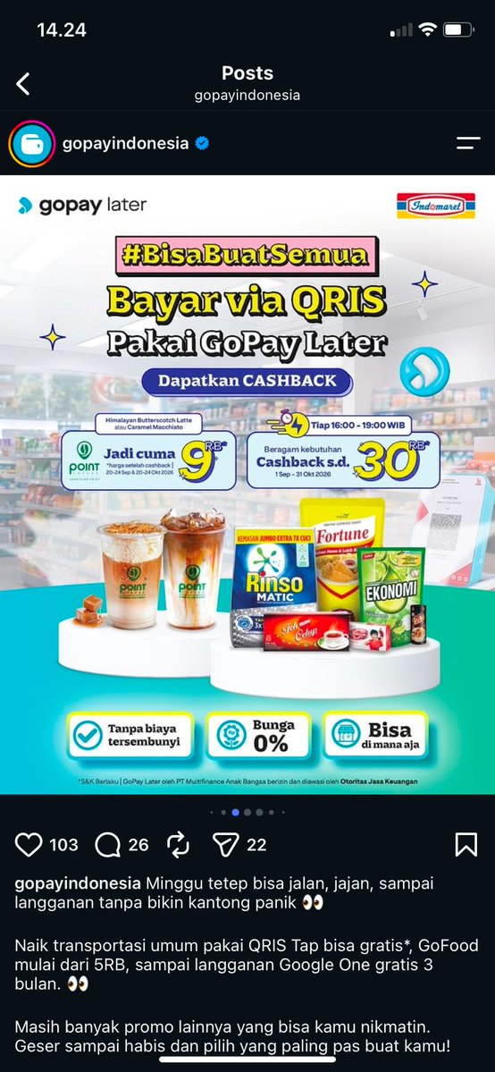 sajakltrsi_id's tweet photo. ternyata kalo bayar pake GoPay Later Lebih Murah di Point Coffee ada benefitnya, periode 20–24 september Himalayan Butterscotch &amp; Caramel Macchiato jadi 9rb setelah cashback. lumayan banget sih! https://t.co/Bo9FZFQk2J