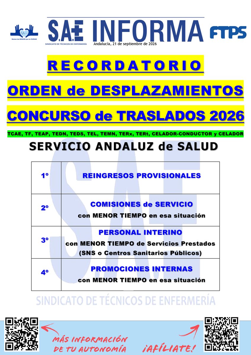 SaeAndalucia's tweet photo. #SAEAndalucíaInforma | 📢 Recordatorio Orden Desplazamiento Concurso Traslados 2026 SAS #Desplazamiento #Traslados #SAS

➕Información en tu Sección Sindical #SAEAndalucía 🙂👍

#SomosLasManosQueTeCuidan https://t.co/GbtIPjjgL6