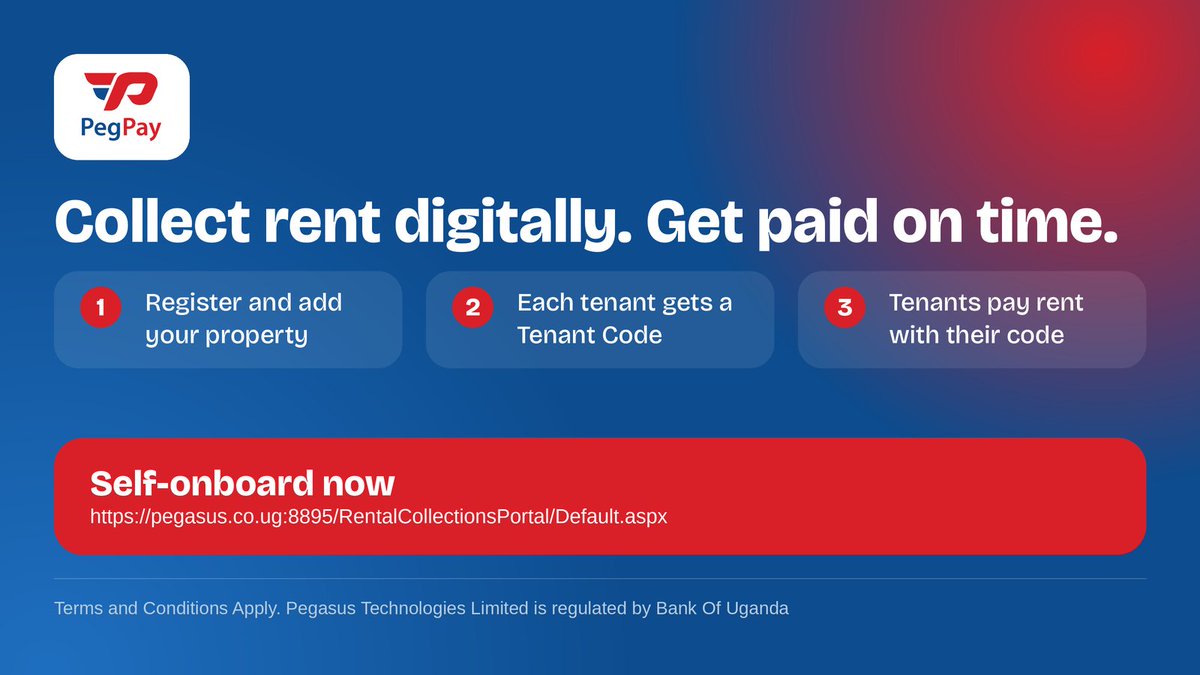 pegpayug's tweet photo. Landlords: still chasing rent? 📱

Self-onboard on PEGPAY Rental Collection and collect rent digitally. Every tenant gets a unique Tenant Code, and that's how they pay you.

Start now 👉 https://t.co/nI4bMmXjra

#PEGPAY #RentCollection #Uganda https://t.co/6r9azgjVvR