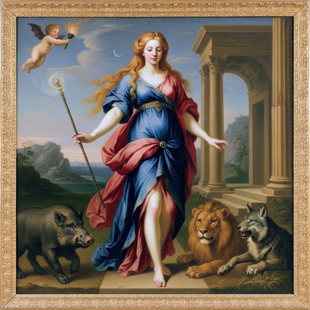 ZKarasova's tweet photo. "The Enchantress Circe with the Tamed Lion, Wolf, and with a Pig" - illustration for my book Powder-Blue Sands of Time. This is one of a series of pictures I created in 2025. #author #writerstory #illustration #Circe #mythology #magic #illusion https://t.co/pWrt59VQa3