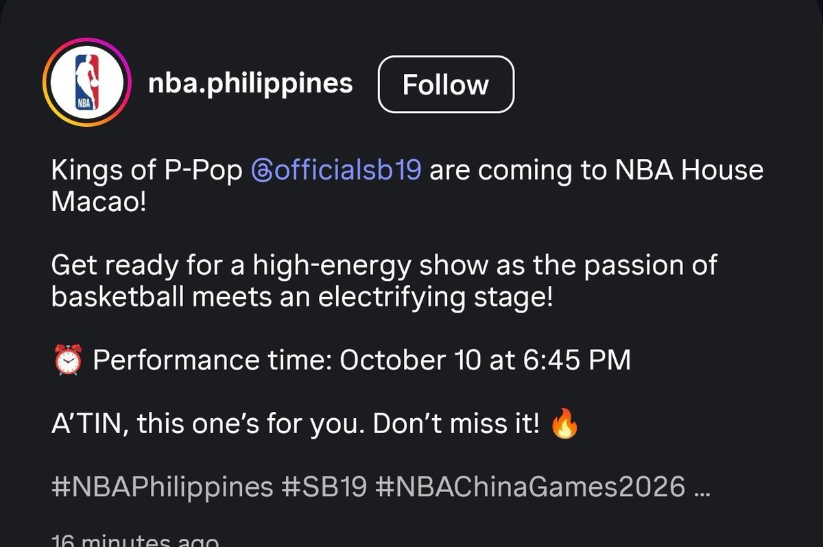 GlobalTrendSB19's tweet photo. HELLO, NBA HOUSE MACAO!

​這是一記精彩入樽！SB19將首次亮相中國澳門NBA House，並於10月10日下午6時45分在主舞台（Main Stage）帶來特別現場演出。

-

HELLO, NBA HOUSE MACAO!

​It's a dunk shot! SB19 will be appearing at NBA House, Macao, China, for the very first time for a special live performance on October 10 at 6:45 PM on the Main Stage.

Via Instagram:
https://t.co/N9g3Im1DzB 

@SB19Official #SB19
#SB19xNBAPh #NBAChinaGames2026
