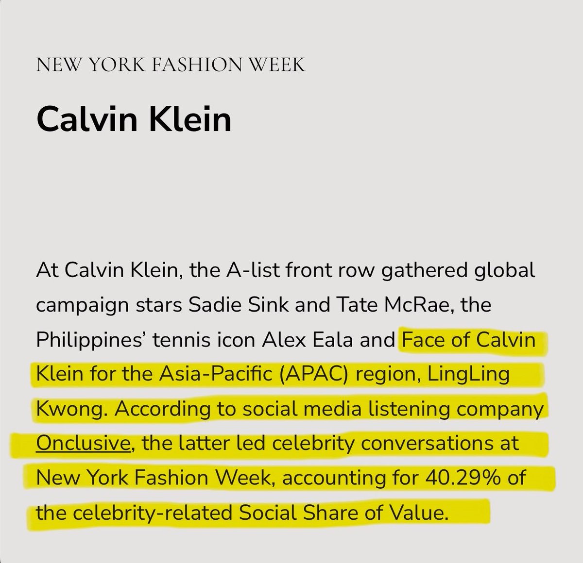 KMayaKwangbae's tweet photo. Calvin Klein 
front row ระดับ A-list  เต็มไปด้วยเหล่าดาราจากแคมเปญระดับโลก..
มีชื่อพี่หลิง พร้อมกับตำแหน่ง และ SOV ที่ครองสัดส่วนถึง 40.29% อะไรแบบนี้อะ 😭👏🏻 https://t.co/CFs6uBkyEk