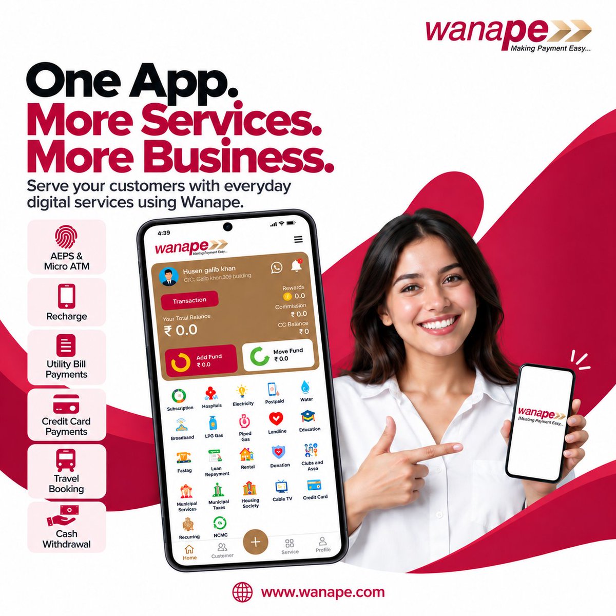 VanoxD92693's tweet photo. One App. More Services. More Business. 🚀

Offer AEPS, Micro ATM, Recharge, Bill Payments, Travel Booking &amp; more with Wanape.

#Wanape #DigitalIndia #AEPS #FinTech #MakingPaymentEasy https://t.co/W9YwqtRqyP