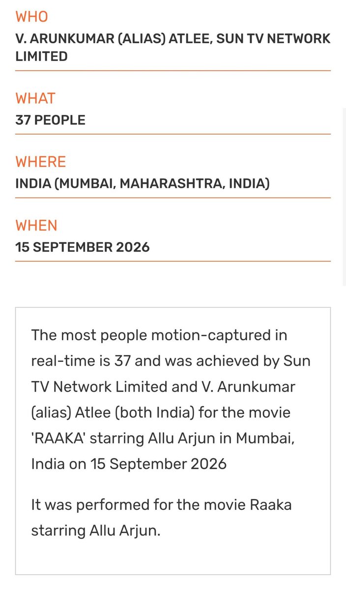 aresthethird2's tweet photo. NEW GUINNESS WORLD RECORD UNDER ALLU ARJUN’S FOOT 🦶 

37 people motion-captured simultaneously in real time for #Raaka.

The previous reported record was 19.

ALLU ARJUN × ATLEE… THEY’RE PLAYING A DIFFERENT GAME. 

Most excited for this AFTER VARANASI 🙏 https://t.co/Lr2ImSH6Ah