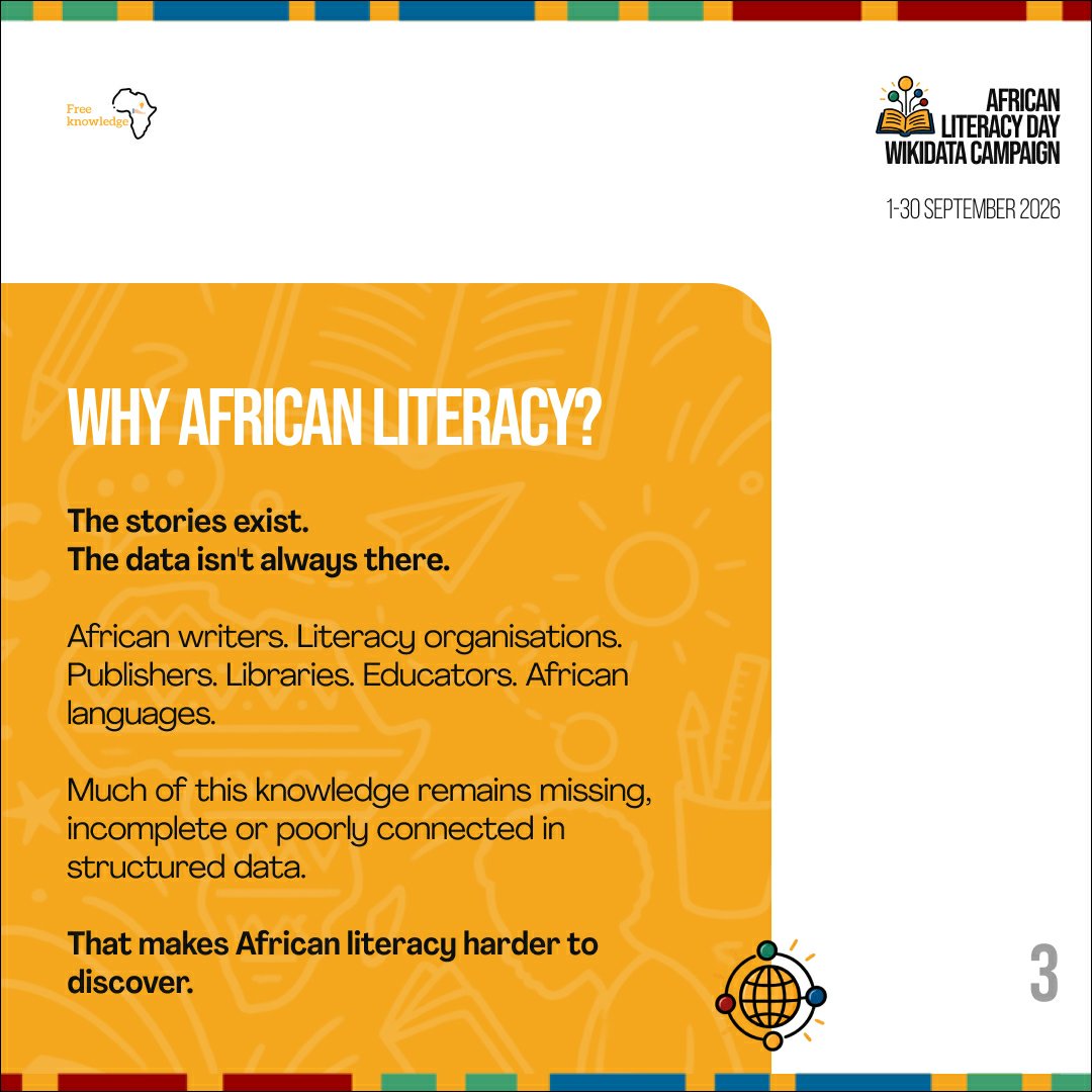 FreeKnowAfrica's tweet photo. What African literacy knowledge can you help make visible?
Swipe through to understand what Wikidata is, why African literacy needs it, and where you can contribute.
#AfricanLiteracyDay #Wikidata #AfricanLiteracy #OpenKnowledge #FreeKnowledge https://t.co/C58swkpMxa