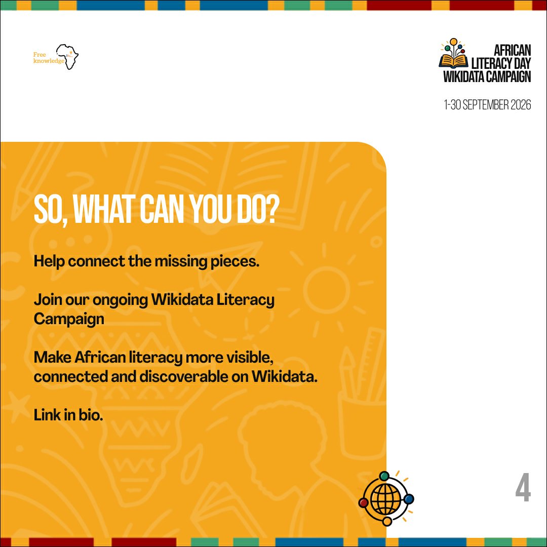 FreeKnowAfrica's tweet photo. What African literacy knowledge can you help make visible?
Swipe through to understand what Wikidata is, why African literacy needs it, and where you can contribute.
#AfricanLiteracyDay #Wikidata #AfricanLiteracy #OpenKnowledge #FreeKnowledge https://t.co/C58swkpMxa