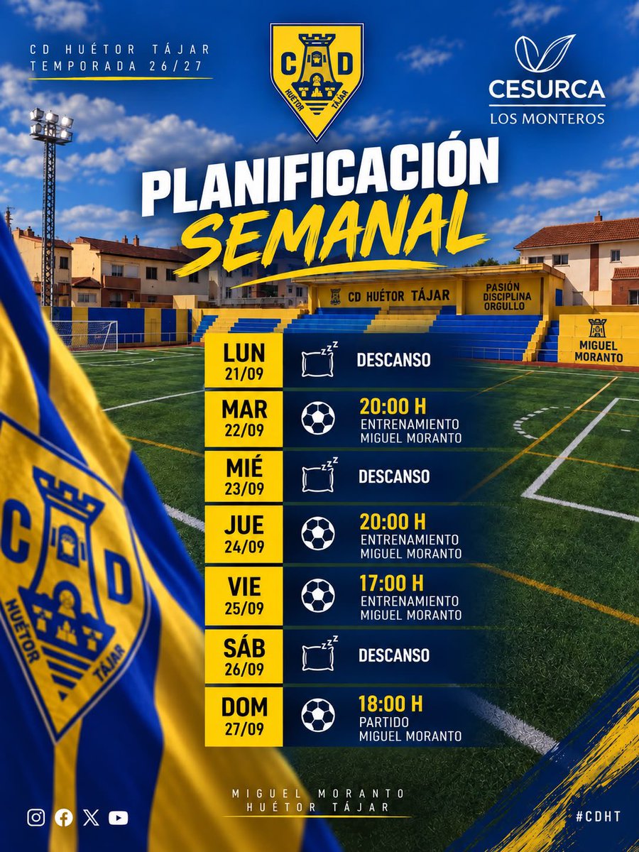 CDHuetorTajar's tweet photo. 📅 ¡Nueva semana, nuevos objetivos! 💪🏻💛💙

Así queda nuestra planificación semanal. Trabajo, compromiso y mirada puesta en el domingo. ⚽️🔥

#CDHT #CESURCA https://t.co/LwhUpgz1R1