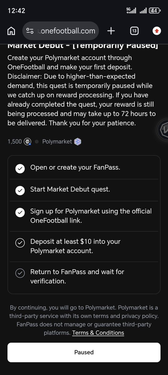 Gxystake's tweet photo. @chokmahxbt hello @chokmahxbt  i completed this about 4 days ago or so but it failed to market. 

please can you look into it? , i completed deposit on poly market, over 20 hours before your platform paused the campaign https://t.co/XdKMEopReZ