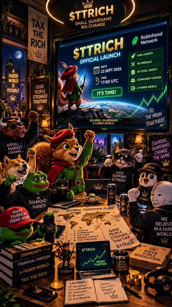taxtherichToken's tweet photo. 🚨 NEW CRYPTO LAUNCH — TOMORROW! 🚨

The Squirrel Guardians are ready. 🐿🏹
$TTRICH — TAXTHERICH goes LIVE tomorrow!

📅 September 22
⏰ 17:00 UTC
🌐Robinhood Network
🚀 Fair Launch
❌ At Presale
💰 1B Total Supply

No private advantage. Don't presale. The community starts together.

🐿 Small Guardians. Big Change.
🌍 Fairer World Starts With Us.

🔗 Join the community:
https://t.co/zEaT6vLWAX

WHO’S READY FOR THE LAUNCH? 🔥🐿

#TTRICH #TaxTheRich #CryptoLaunch #NewCrypto #NewToken #TokenLaunch #FairLaunch #Memecoin #MemeCoin #Crypto #CryptoCommunity #Altcoins #Altcoin #Web3 #DeFi #CryptoTwitter #CT #Robinhood #RobinhoodChain #NewCoin #CryptoNews #100xGem #CryptoGem #MemeCoins #SquirrelGuardians