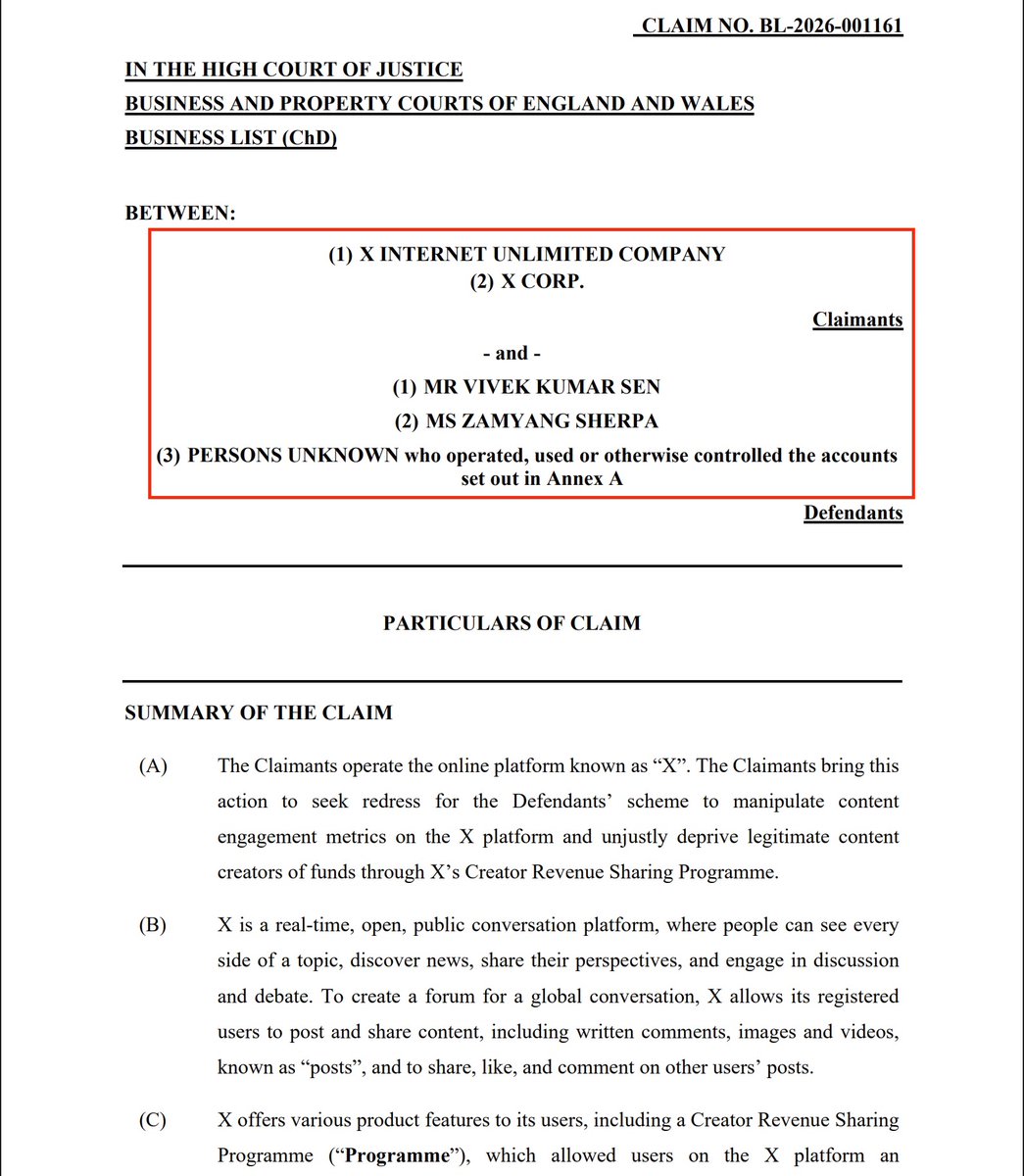 aisarcore's tweet photo. THIS IS ABSOLUTELY CRAZY.

> X is suing two Bitcoin account operators in the UK High Court for allegedly farming £207,384 (about $278K) out of its Creator Revenue Sharing program with fake engagement.

> X says two people in Preston, England ran a network of 9 accounts posing as independent creators.

> The accounts liked, replied to and reposted each other nonstop to fake real human interaction.

> They allegedly posted the same phrase and the same image within seconds or minutes of each other.

> Payouts went through Stripe accounts under different names, but X says the emails and bank details traced back to the same person.

> X also says the accounts shared the same devices, cookies and device IDs.

> One defendant allegedly tried to expand by selling paid engagement services and buying other high-follower accounts.

> When he tried to buy one account, he allegedly asked to move the chat elsewhere because he didn't want to get in trouble for something X doesn't allow.

> X suspended the accounts on Aug 18 and filed the lawsuit on Sept 17.

> X now wants the money back, plus damages and at least £75K in investigation costs.

If you are gaming the X algorithm or exploiting the system, just know that your days are numbered.