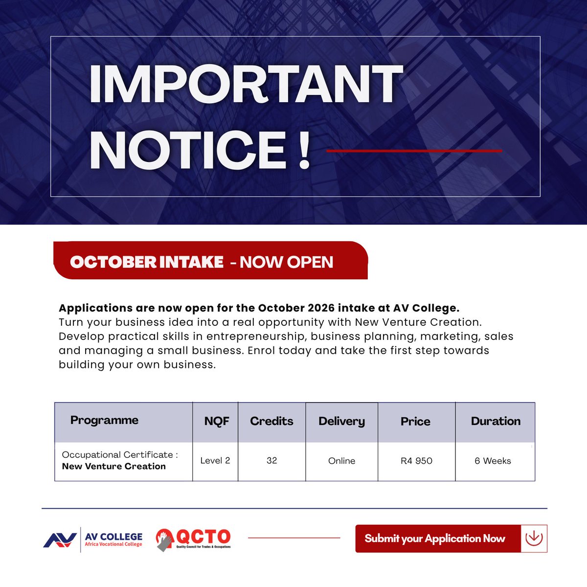 _AVCOLLEGE's tweet photo. IMPORTANT NOTICE: OCTOBER INTAKE IS OFFICIALLY OPEN! 🚨
✅ Programme: New Venture Creation
✅ NQF Level 2 | 32 Credits | QCTO Accredited
✅ 100% Online - Study from anywhere
✅ Only R4 950

✅6 Weeks

Submit your Application Now!

https://t.co/fwJuqPxn5n

#AVCollege https://t.co/1iHJ9MnTKZ