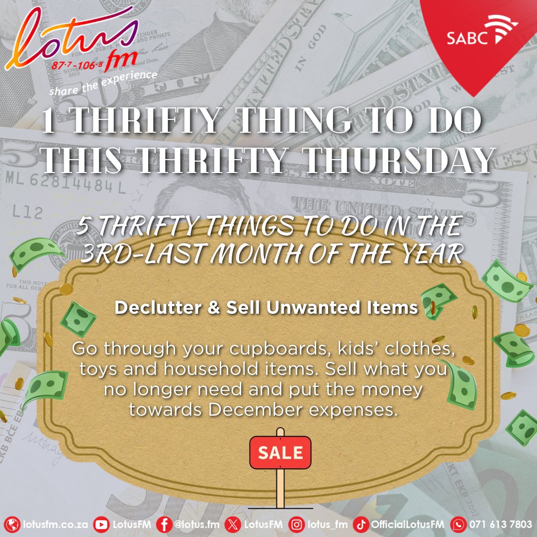 Lotusfm's tweet photo. We're sharing 1 Thrifty thing to do every #ThriftyThursday this month of October, which is the perfect time to get financially organized before the festive season gets expensive! 🫰🏼💸🤑💰

#LotusFM #ShareTheExperience https://t.co/rxBBsl12dS