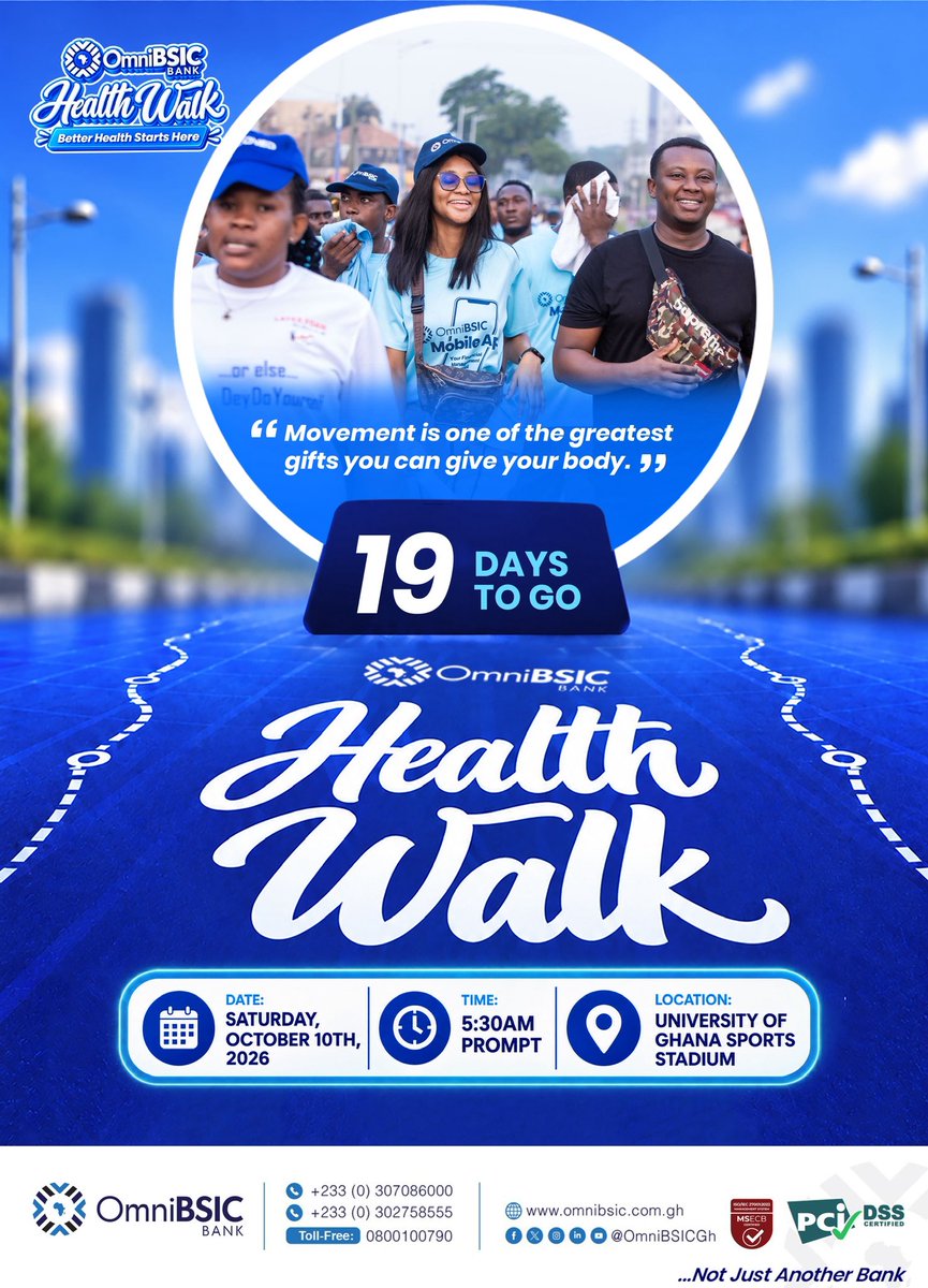 OmniBSICGh's tweet photo. 19 DAYS TO GO! 🚶‍♀️🚶‍♂️

The countdown to the OmniBSIC Bank Health Walk is on! Movement is one of the greatest gifts you can give your body. So lace up and let's move together. 💙

📅 Saturday, October 10th, 2026
⏰ 5:30AM Prompt
📍 University of Ghana Sports Stadium

Better health starts here. See you there!
#OmniBSICBankHealthWalk #BetterHealthStartsHere #OmniBSICBank #NotJustAnotherBank