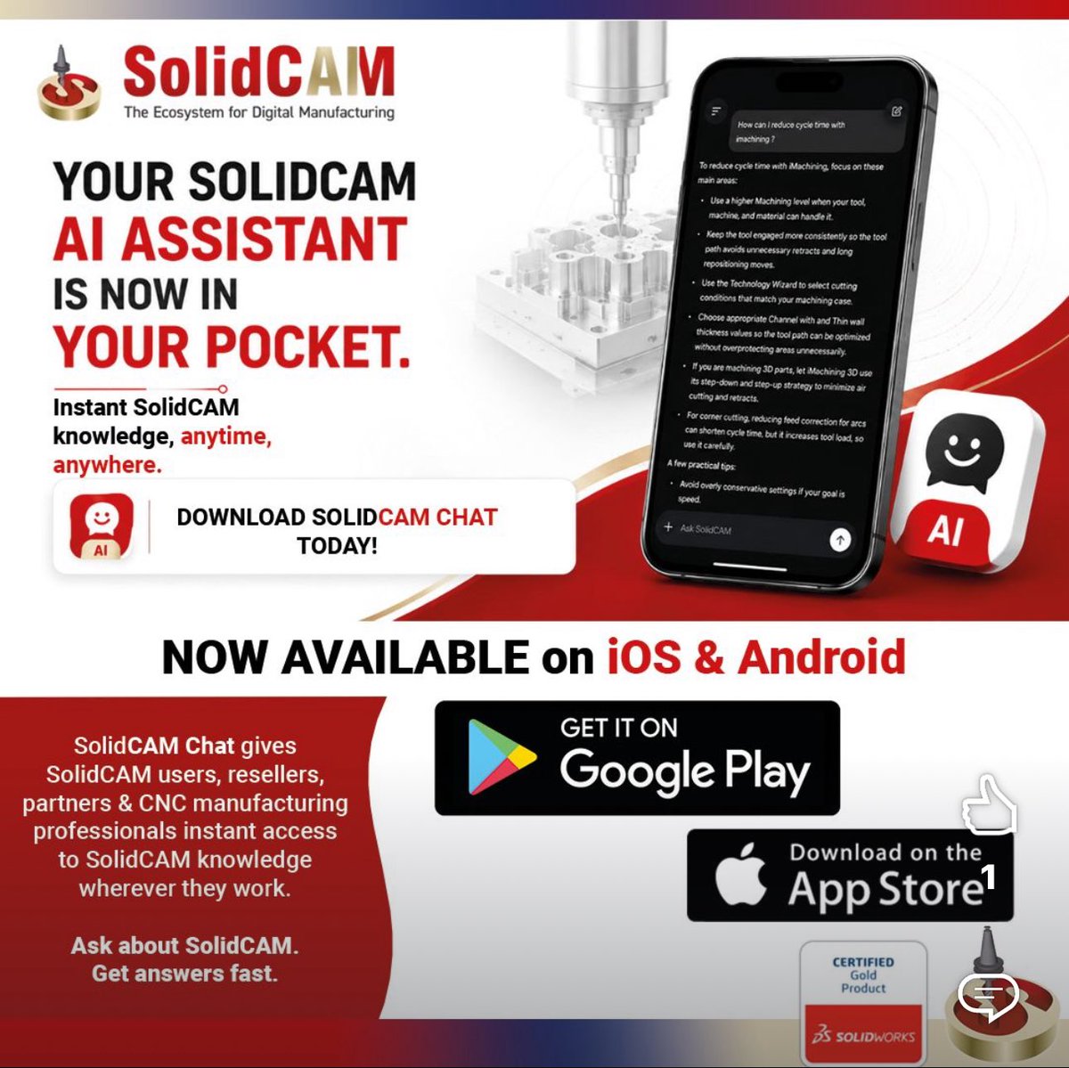 SolidCAMUK's tweet photo. Now Available on iOS &amp; Android. 
#SolidCAMChat gives SolidCAM users, resellers, partners &amp; CNC manufacturing professionals instant access to SolidCAM knowledge wherever they work. Contact @SolidCAMUK Ltd for more info:
Tel: 01226 241744
Email: info@solidcamuk.com
#cncmachining https://t.co/L5N3e0TjpA