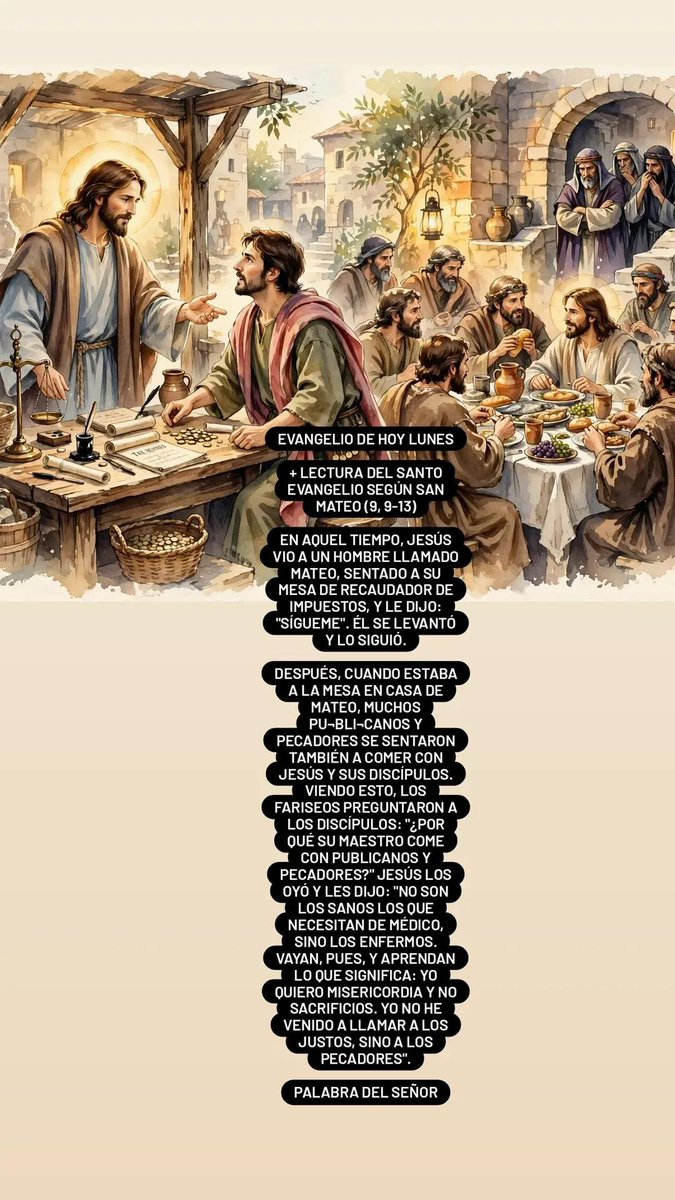sazs0510's tweet photo. Mt 9, 9-13

Jesús te ve en tu mesa.
No en tu mejor momento, sino en tu rutina.

Una palabra: Sígueme.
Y Mateo dejó todo.

Él no vino por los sanos.
Vino por ti.

#EvangelioDeHoy https://t.co/zYidgQQCZt