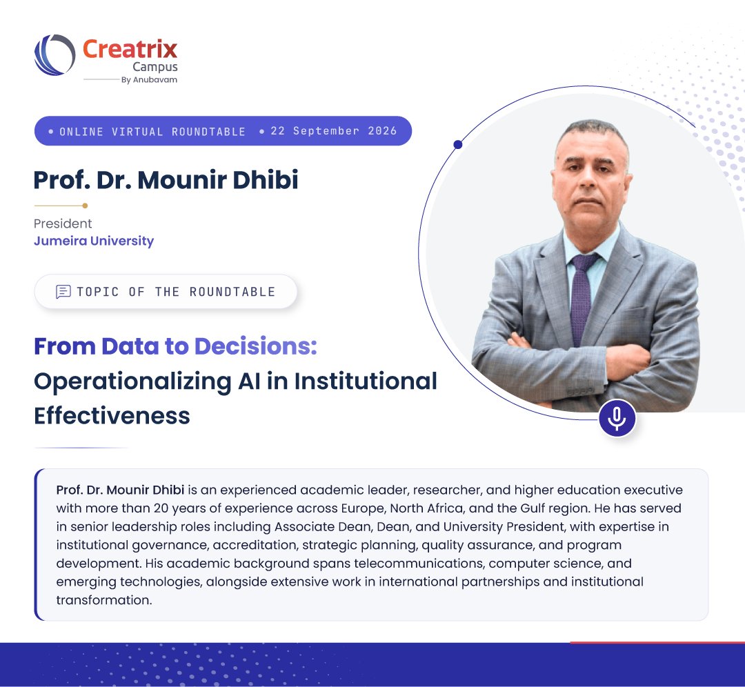 creatrixcampus's tweet photo. AI supports better decisions only when governance can turn insight into action. Looking forward to our UAE higher education roundtable with Prof. Dr. Mounir Dhibi on 22 September 2026.
#CreatrixCampus #UAEHigherEducation #InstitutionalEffectiveness #creatrixcampusroundtable https://t.co/DmOXTGwA9c