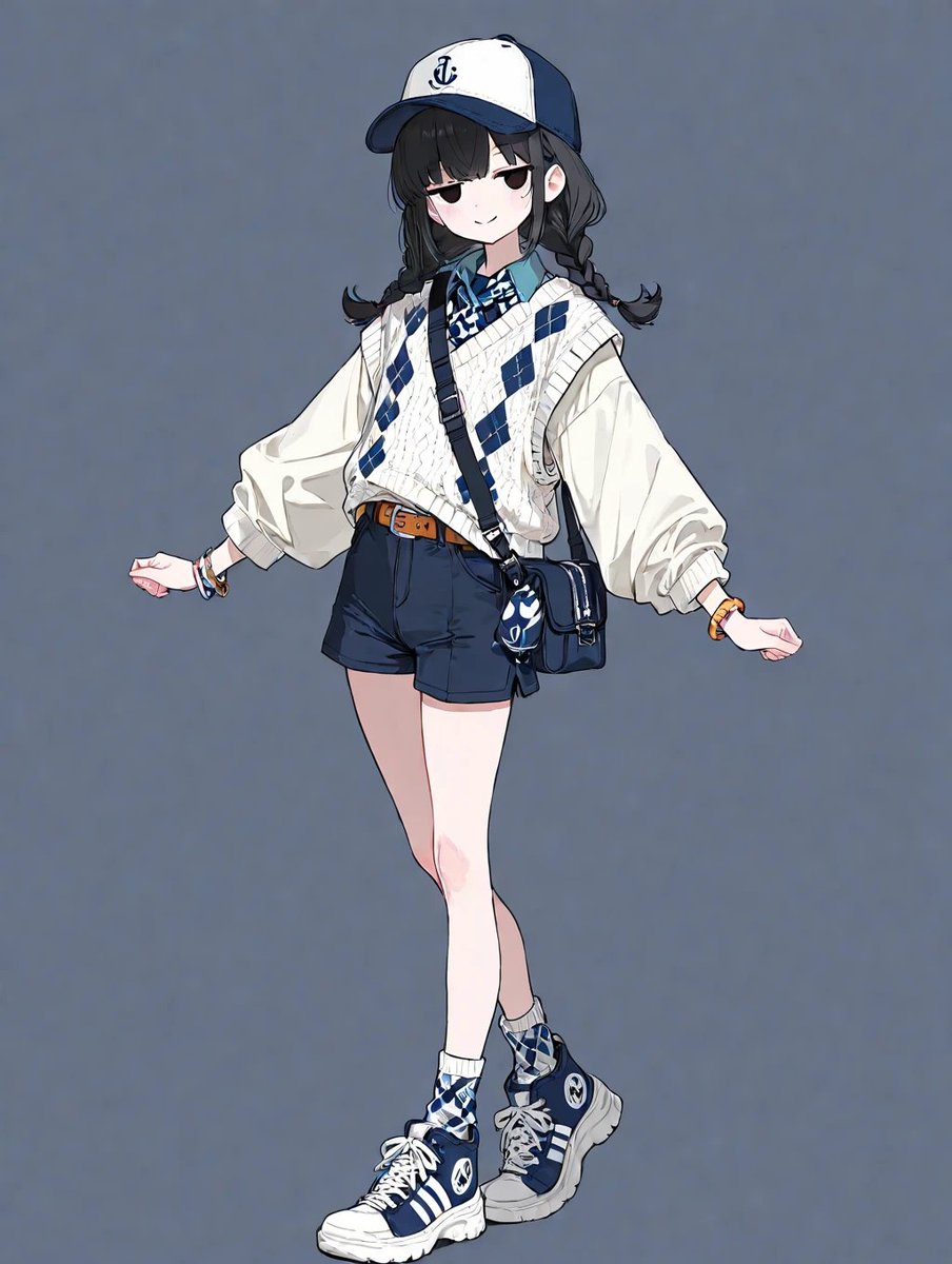 huku_ken_ai's tweet photo. 意図はしていませんでしたが、襟が袖と別色で出ると重ね着しているように見えますね

navy baseball cap, layered tops, long-sleeved collared shirt, argyle pattern off-white knit vest, navy neck bandana, wide-leg shorts, crew socks, sneakers, crossbody bag, bracelet, belt

#AIイラスト https://t.co/8eqcRJsa1r