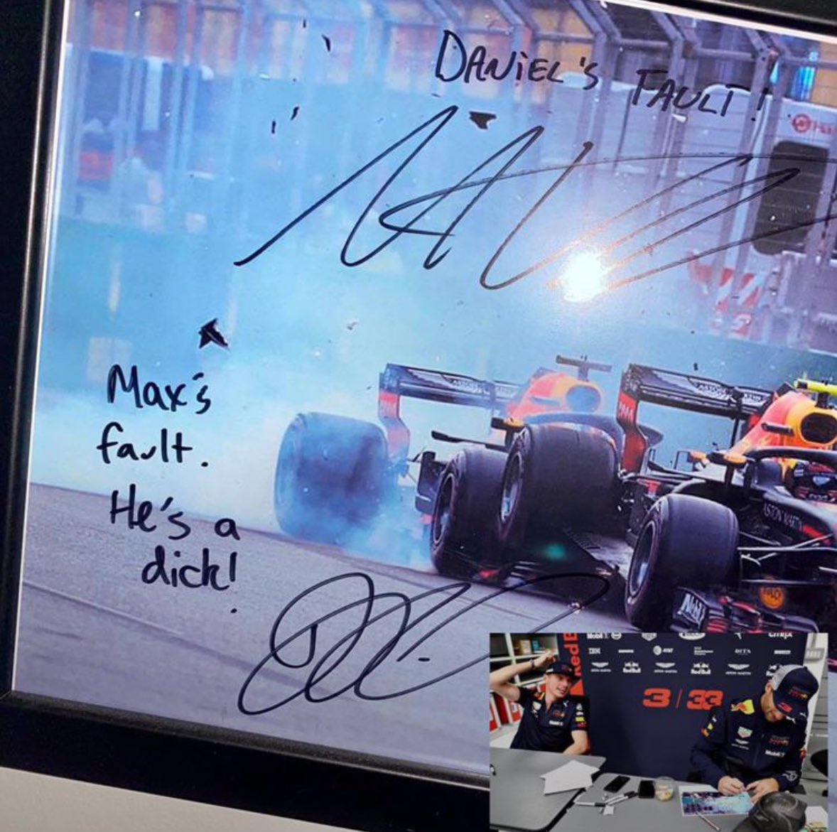 F1GuyDan's tweet photo. Never forget when a fan made Max Verstappen &amp; Daniel Ricciardo autograph a photo of their iconic Baku crash 😂 https://t.co/V2exGmDF8x