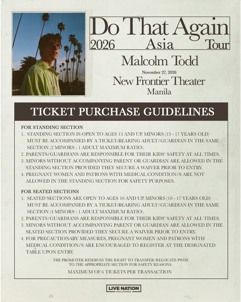 livenationph's tweet photo. 📣 Manila, get ready! General onsale starts TODAY at 12PM via https://t.co/Bunz73rHYz and Ticketnet outlets. 

Malcolm Todd - Do That Again 2026 Asia Tour
📅November 27, 2026
📍New Frontier Theater

Visit https://t.co/pDQh6l5RY0 for more info.

#MalcolmToddInManila https://t.co/PCBqxvp9jz