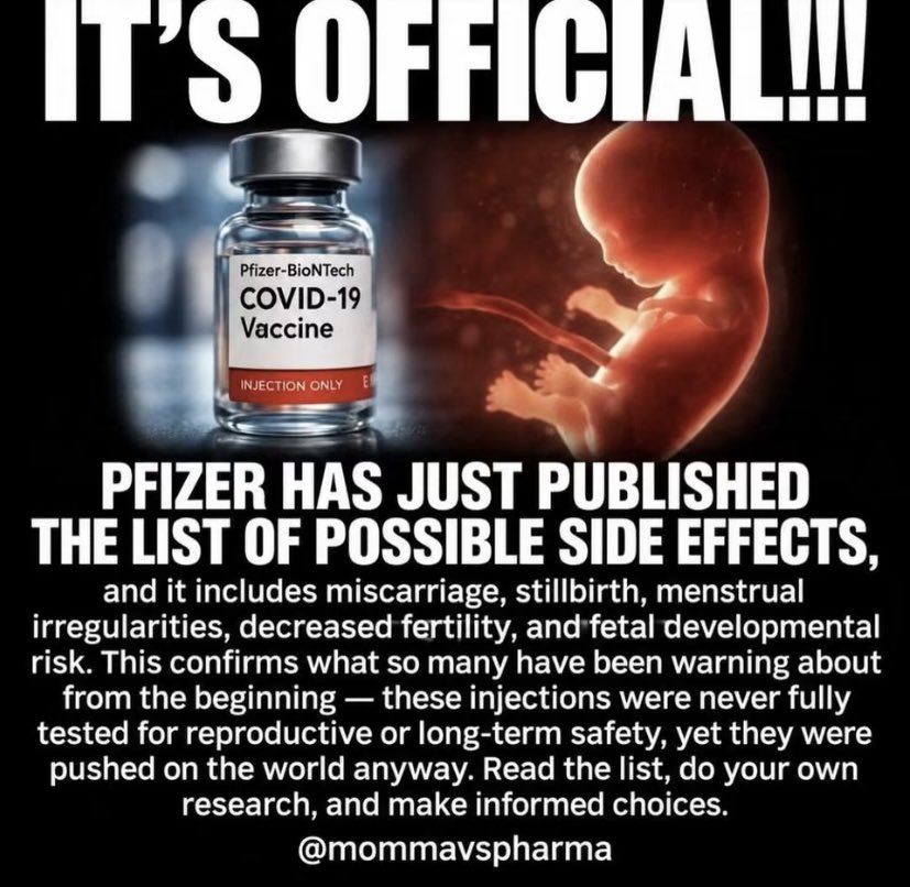 PanagiotisMylo6's tweet photo. Η PFIZER ΔΗΜΟΣΙΕΥΣΕ ΤΗ ΛΙΣΤΑ ΜΕ ΤΙΣ ΠΑΡΕΝΕΡΓΕΙΕΣ ΤΟΥ ΕΜΒΟΛΙΟΥ COVID🚨📣

1) Θρόμβος αίματος,
2) Οξεία νεφρική βλάβη,
3) Οξεία χαλαρή μυελίτιδα,
4) Θετικά αντισώματα κατά των σπερματοζωαρίων,
5) Εμβολή στελέχους του εγκεφάλου,
6) Θρόμβωση στελέχους του εγκεφάλου,
7) Καρδιακή ανακοπή (εκατοντάδες περιστατικά),
8) Καρδιακή ανεπάρκεια,
9) Θρόμβωση κοιλίας της καρδιάς...
10) Καρδιογενές σοκ,
11) Αγγειίτιδα του κεντρικού νευρικού συστήματος,
12) Νεογνικός θάνατος,
13) Θρόμβωση εν τω βάθει φλεβών,
14) Εγκεφαλίτιδα στελέχους του εγκεφάλου,
15) Αιμορραγική εγκεφαλίτιδα,
16) Επιληψία μετωπιαίου λοβού,
17) Επιληπτική ψύχωση,
18) Παράλυση προσώπου,
19) Σύνδρομο εμβρυϊκής δυσχέρειας,
20) Γαστρεντερική αμυλοείδωση,
21) Γενικευμένη τονικο-κλονική κρίση,
22) Εγκεφαλοπάθεια Hashimoto,
23) Θρόμβωση ηπατικών αγγείων,
24) Επανενεργοποίηση έρπητα ζωστήρα,
25) Επανενεργοποίηση καρκίνου...
26) «Turbo cancers» (επιθετικοί καρκίνοι ταχείας εξέλιξης),
27) Ανοσολογική ηπατίτιδα,
28) Διάμεση πνευμονοπάθεια,
29) Εμβολή σφαγίτιδας φλέβας,
30) Νεανική μυοκλονική επιληψία,
31) Ηπατική βλάβη,
32) Χαμηλό βάρος γέννησης,
Αλλά ναι... κατά τα άλλα...

ΝΑΙ, «είναι ασφαλή και αποτελεσματικά», σωστά...

Το μόνο μέρος αυτού του εμβολίου που είναι «αποτελεσματικό» είναι οι ΠΑΡΕΝΕΡΓΕΙΕΣ.

Ο Fauci είπε ψέματα και εκατομμύρια πέθαναν..!!
από Jimmy Bulger