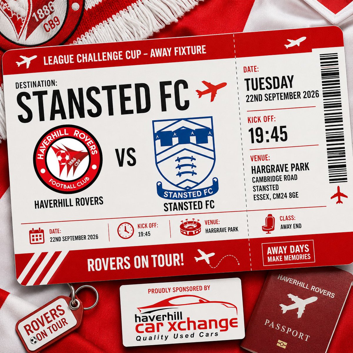 HaverhillRovers's tweet photo. We travel away to Stansted FC for our next fixture ✈️

🆚 Stansted FC 
📆 22nd September 
🕣 19:45 Kick Off
📍 Hargrave Park

#HRFC #UpTheRovers #YouthFootball https://t.co/M1yRRa8TD9