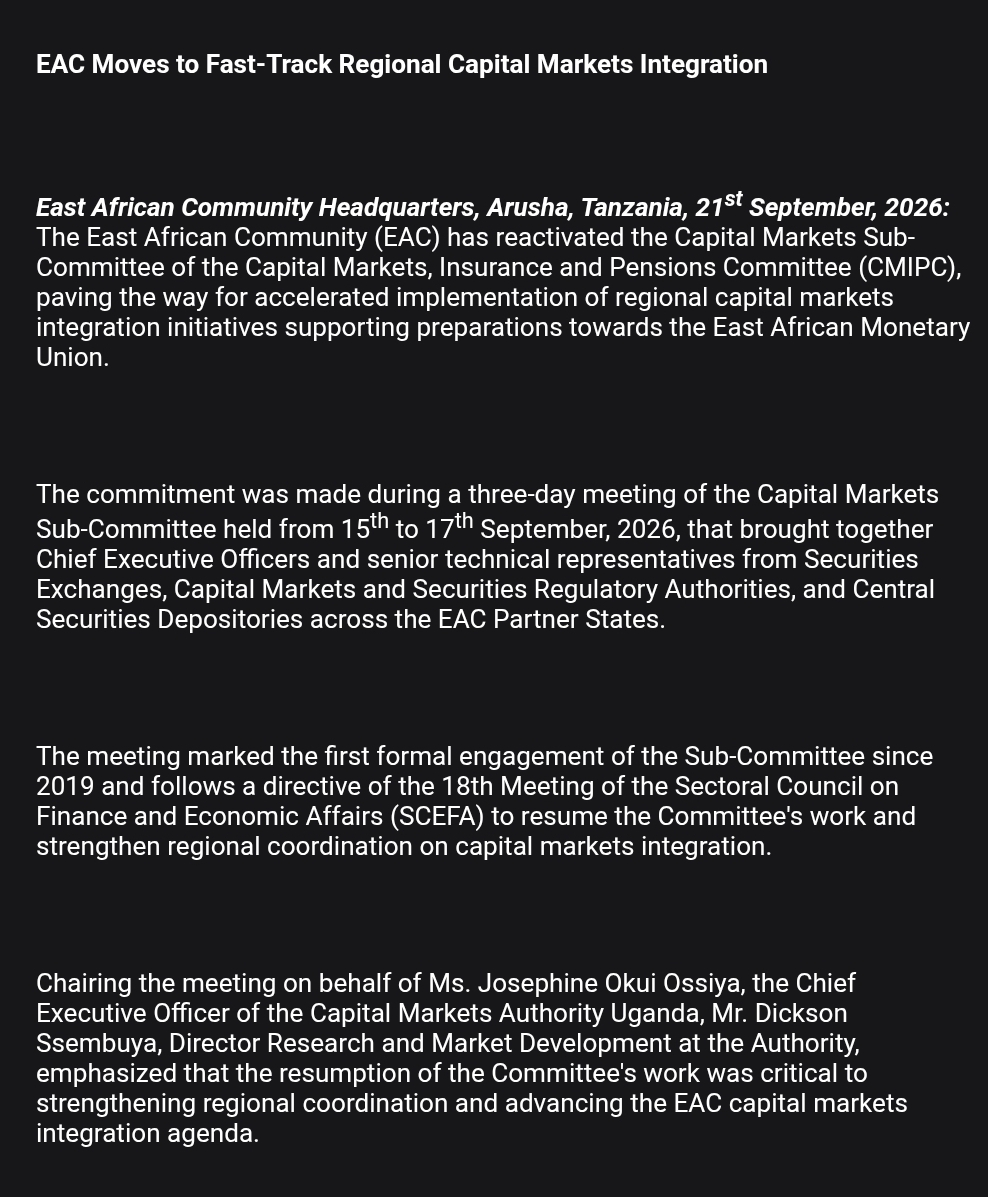MwangoCapital's tweet photo. The East African Community has revived its Capital Markets Sub-Committee, holding its first formal meeting since 2019, to accelerate regional market integration.

Priorities include harmonising regulations, linking market infrastructure and facilitating cross-border investment across partner states.