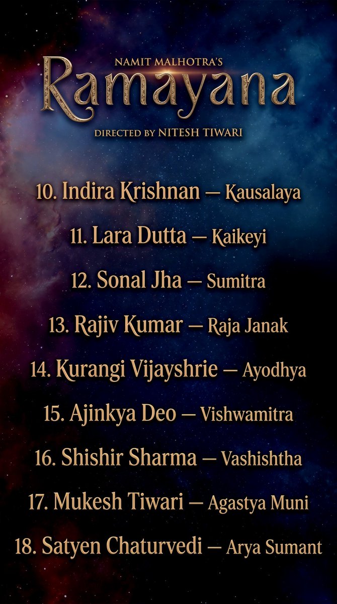 Rgoel298144's tweet photo. A complete breakdown of the cast of #Nitesh Tiwari's #Ramayana, featuring key characters from #Ayodhya, #Kishkindha and #Lanka.

Swipe through all 4 posters.

Which character you most excited to see?

#NamitMalhotra #RanbirKpoor #SaiPallavi #Yash #RavieDubey

#WorldOfRamayana https://t.co/n2bpM1Rt4y