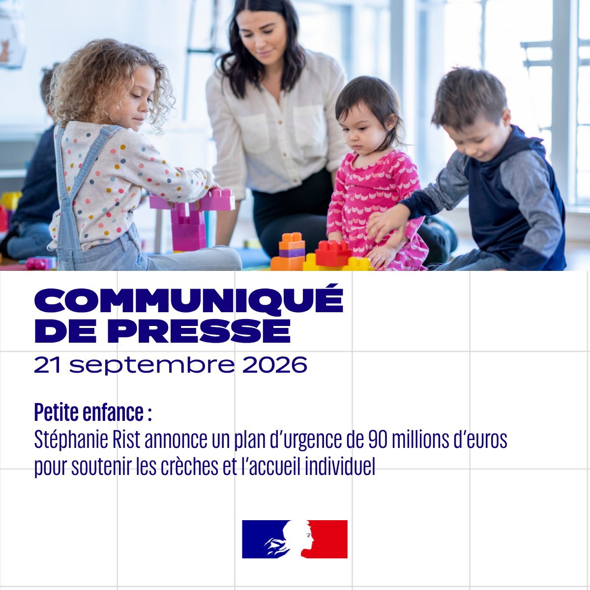 Solidarite_gouv's tweet photo. Communiqué 🗞️ | Petite enfance

Stéphanie Rist annonce un plan d’urgence de 90 millions d’euros pour soutenir les crèches et l’accueil individuel. 

Lire le communiqué : https://t.co/sX8YJlcOvJ https://t.co/mXpcvrxbso
