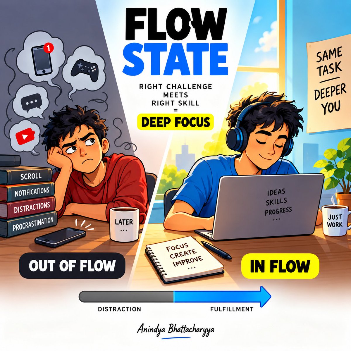 anindyatweets's tweet photo. FLOW STATE ⚡🧠

Flow is the state of complete absorption in a task—where distractions fade, time feels different, and focus becomes effortless.

It happens when challenge meets skill.

Too easy → boredom.
Too hard → anxiety.
Just right → FLOW.

#FlowState #MentalModels https://t.co/MYj7Hb1aRK