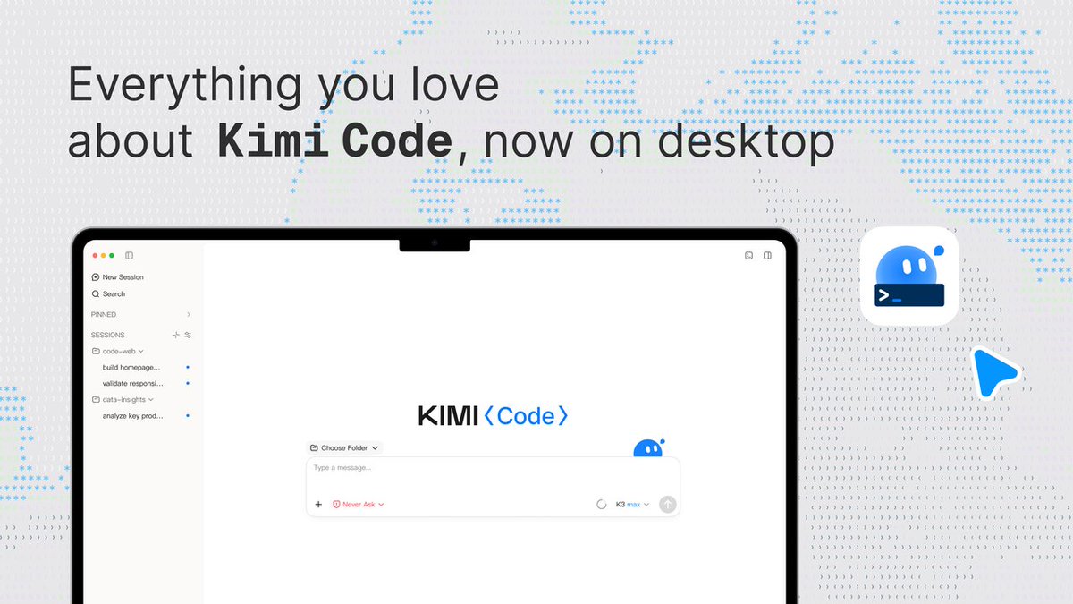 KimiDevs's tweet photo. Meet Kimi Code Desktop 

Drop it into any dev workflow and get faster, more reliable results — programming tasks done in record time. Manage multiple agents in one focused space, run tasks in parallel, and stay in sync with your agents even on long-horizon work.

Now available on MacOS & Windows.
