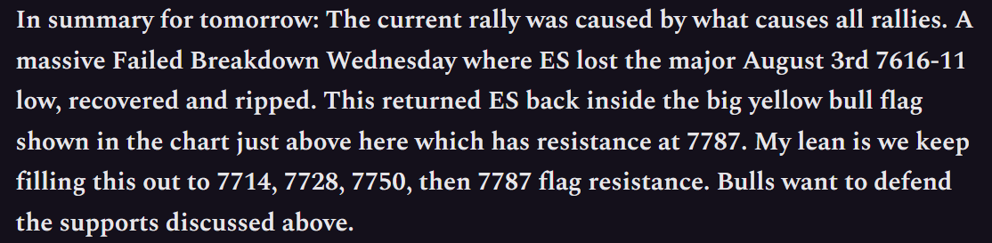 AdamMancini4's tweet photo. Huge follow through in #ES_F and this long was given in advance and targets tweeted non-stop. 7616 Wednesday Failed Breakdown got us long. Slate for today (from Friday newsletter) were 7714, 7728, 7750 (all hit).

Plan: Just ride runner 7787 flag res next, then macro breakout. 28=support