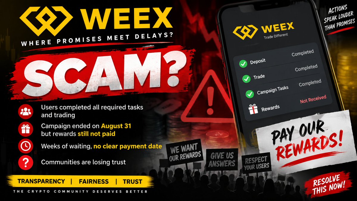 riyadrafi50's tweet photo. 🚨 WEEX WE Need Answers

The August campaign ended on August 31, and eligible users are still waiting for their promised rewards.

I’ve followed up with the campaign team multiple times, but there is still no clear payment date. Even after weeks of waiting, users have not received their rewards.

This is seriously damaging the trust of the communities that promoted WEEX.

@WEEX_Official , if eligible users completed the required tasks, when exactly will their rewards be paid?

Please resolve this urgently and provide a transparent update.

If this continues without a clear resolution, the community will have serious concerns about WEEX campaigns and their reliability.

#WEEX #WEEXWarning #WEEXScam