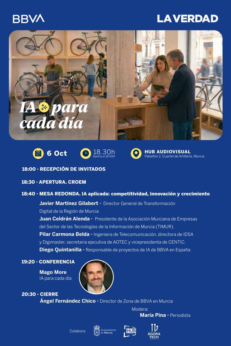 laverdadeventos's tweet photo. La IA ya está aquí. ¿Cómo puede ayudarte en tu día a día?

El 6 de octubre, @bbva  te invita a descubrirlo con expertos, conferencia de @magomore  y networking.

🗓️ 6 de octubre · 18:30h Cuartel de Artillería, Murcia

@bbva  @AytoMurcia https://t.co/HIj5PdWhpb