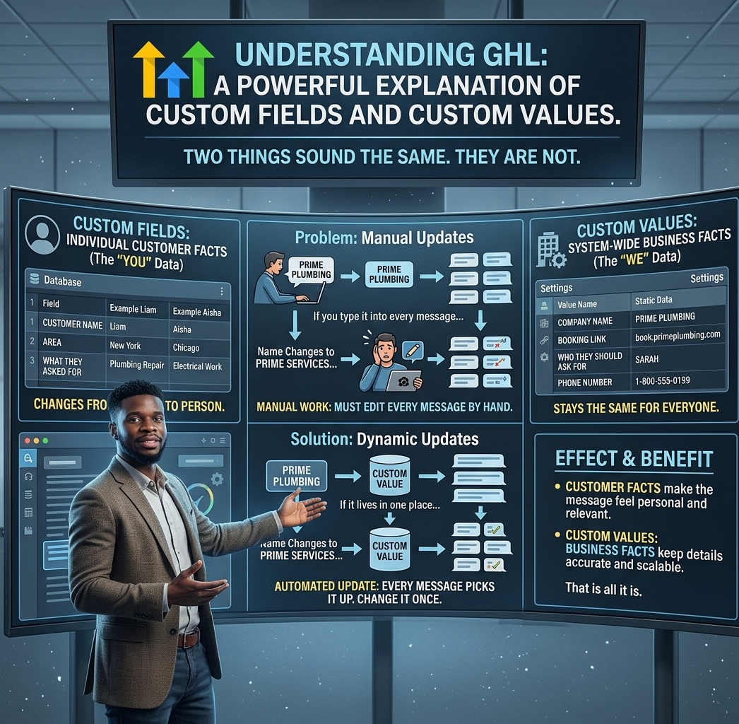 JustinAutoDev's tweet photo. If you are starting with GHL, you should know this.

Two things in the platform sound the same. 
They are not.
One stores facts about the customer. 

~ Their area. 
~ Their name. 
~ What they asked for.

That changes from person to person.
The other stores facts about the business. 

~ The booking link. 
~ The phone number.
~ The company name. 
~ Who they should ask for. 

That stays the same for everyone.
Here is why it matters.
If you type the company name into every message, 
and the name changes later, you have to edit every message by hand.

If the company name lives in one place, 
you change it once. Every message picks it up.
Customer facts make the message feel like it is for them. 
Business facts keep the details from breaking when something small changes.
